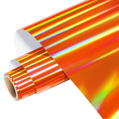WRAPXPERT Holographic Vinyl Roll Orange, Holographic Permanent Vinyl Orange Glossy Craft 12" x 5ft, Chrome No Bubble Iridescent for DIY Craft Decal