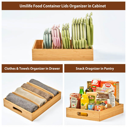 Umilife Kitchen Cabinet Organizer for Food Storage Container Lids, with Adjustable Dividers, Bamboo Drawer Caddy, Box for Kitchen Storage And Organization