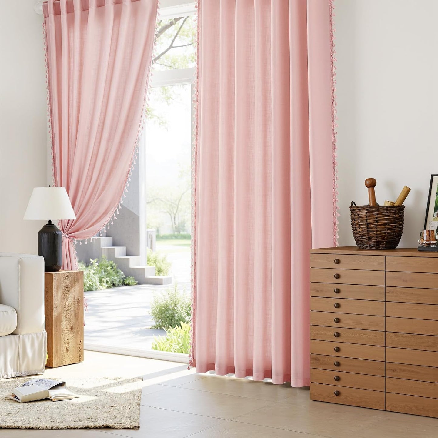 84 Inches 2 52X84 Pink Boho Linen Curtains for Girls Bedroom Nursery Room Long Panels Bohemian Drapes with Tassels Kids