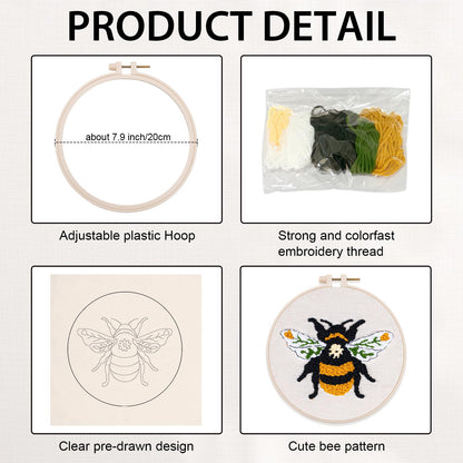 Nuberlic Punch Needle Kit for Beginners Cute Bee Pattern DIY Hoop Embroidery Punch Needle Starter Craft Set with Pre-Printed Fabric, Yarn, Frame & Tools Step-by-Step Introduction