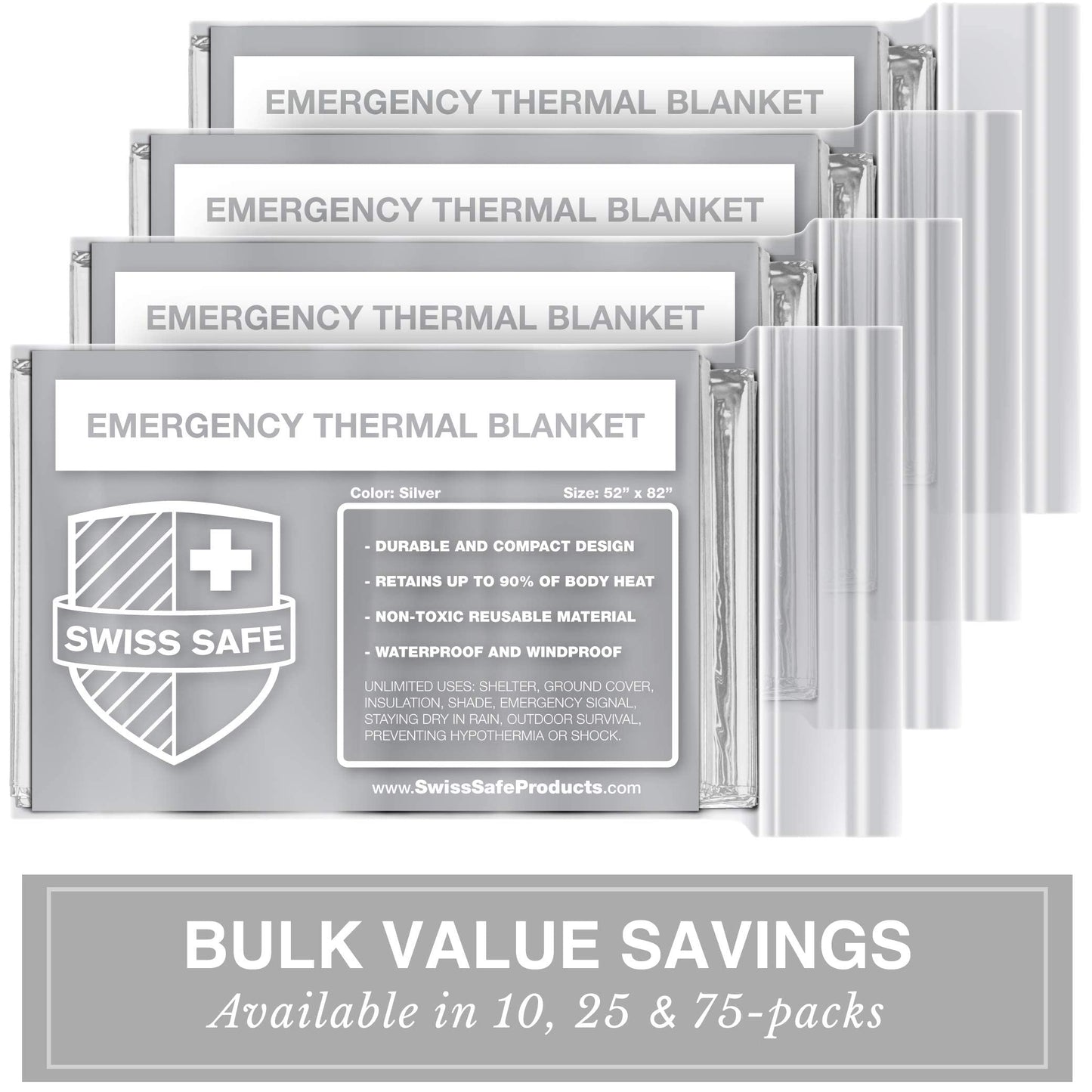 Swiss Safe 10 Pack Mylar Emergency Blankets for Survival - Compact & Insulated for Cold Weather - Designed for NASA, Outdoor, Running, Camping, Survival, First Aid Car Kit - Silver, 10 Pack