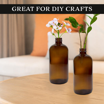 Cornucopia Brands 16oz Amber Glass Bottles with Reusable Chalk Labels and Lids (Pack of 2) Refillable Brown Boston Round Bottles, with Black 28-400 Caps