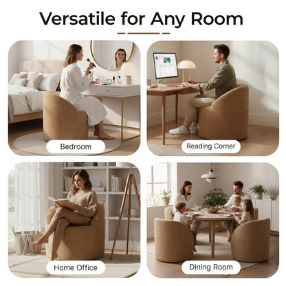 Barrel Accent Chair, Modern Chenille Reading Chair with Ergonomic Curved Back, Round Supportive Armchair for Living Room, Bedroom, Reading Corner & Office, No Assembly Required, Camel