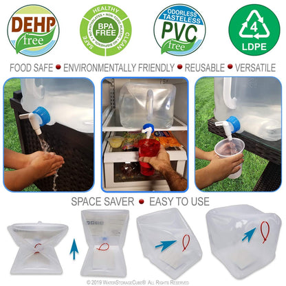 WaterStorageCube BPA-Free Collapsible Water Container with Spigot, Camping Water Storage Carrier Jug for Outdoors Hiking Backpack & Survival Kit, Foldable Portable Water Canteen (8-Pack)
