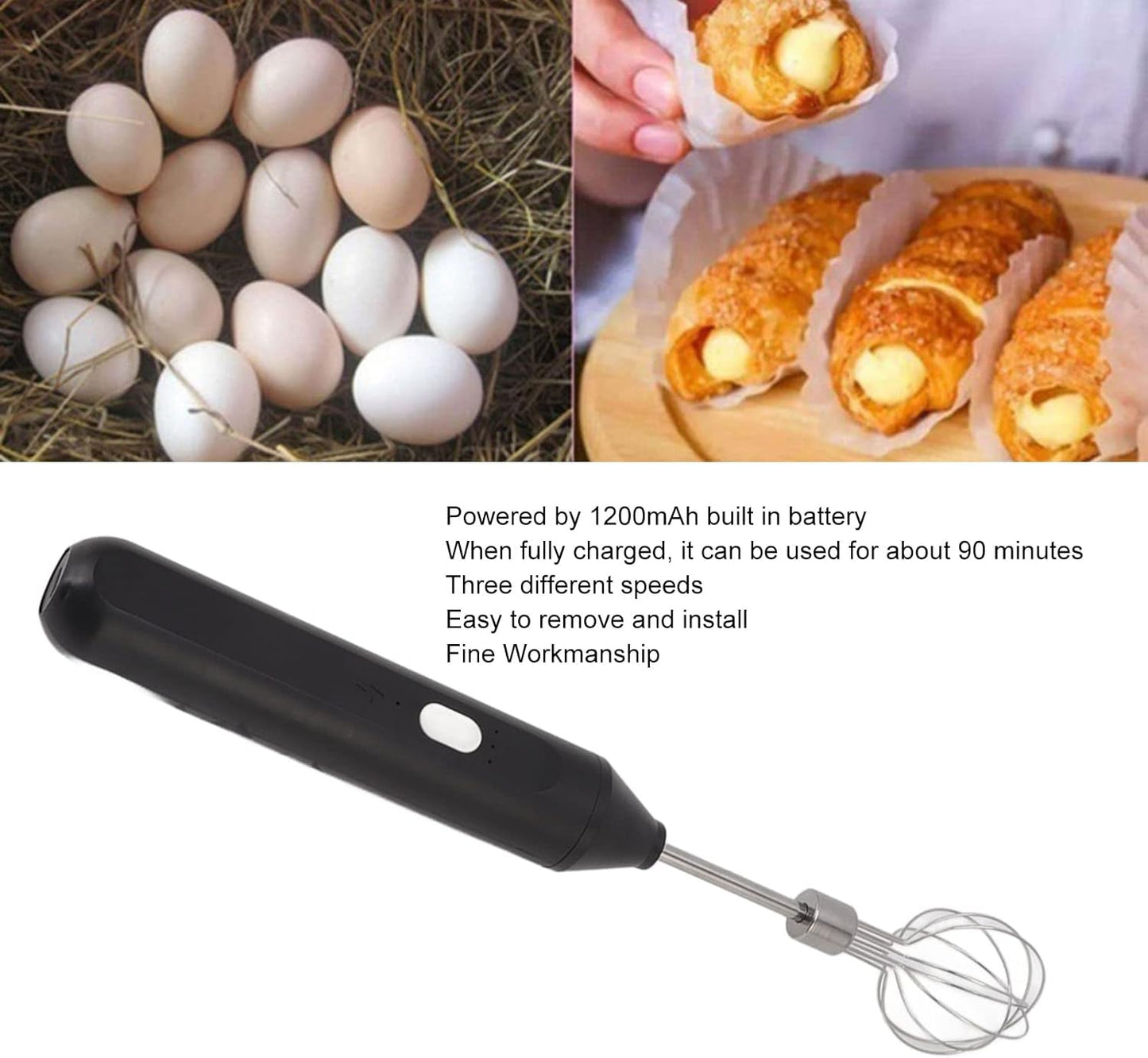 Electric Handheld Egg Beater, Round Head Milk Frother, Battery Powered Whisk for Home Kitchen, Restaurants (Black)