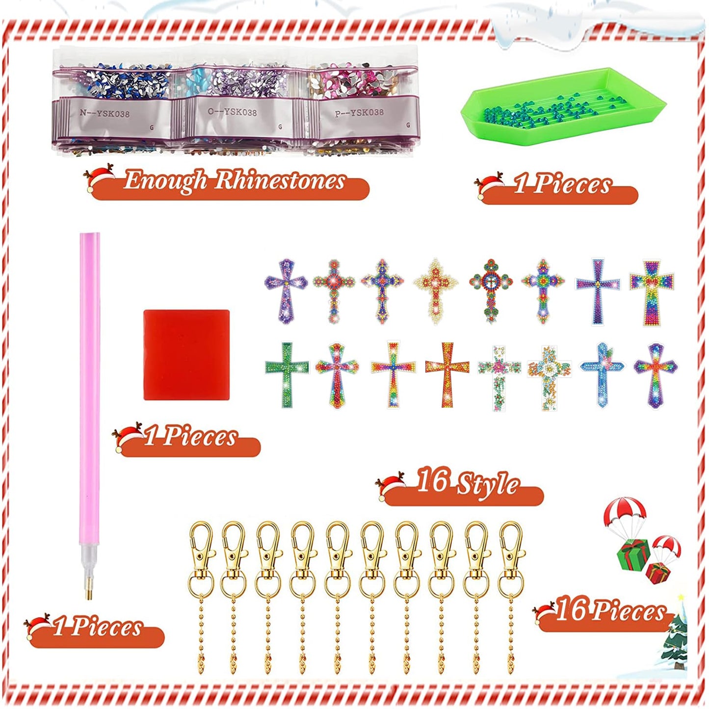 YUE ZHE 16PCS Cross Diamond Art Kits for Adults Double Sided Easter Diamond Art Keychains Cross Shaped DIY 5D Easter Diamond Painting Keychains Kits for Adults Beginners DIY Crafts
