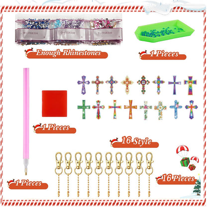 YUE ZHE 16PCS Cross Diamond Art Kits for Adults Double Sided Easter Diamond Art Keychains Cross Shaped DIY 5D Easter Diamond Painting Keychains Kits for Adults Beginners DIY Crafts