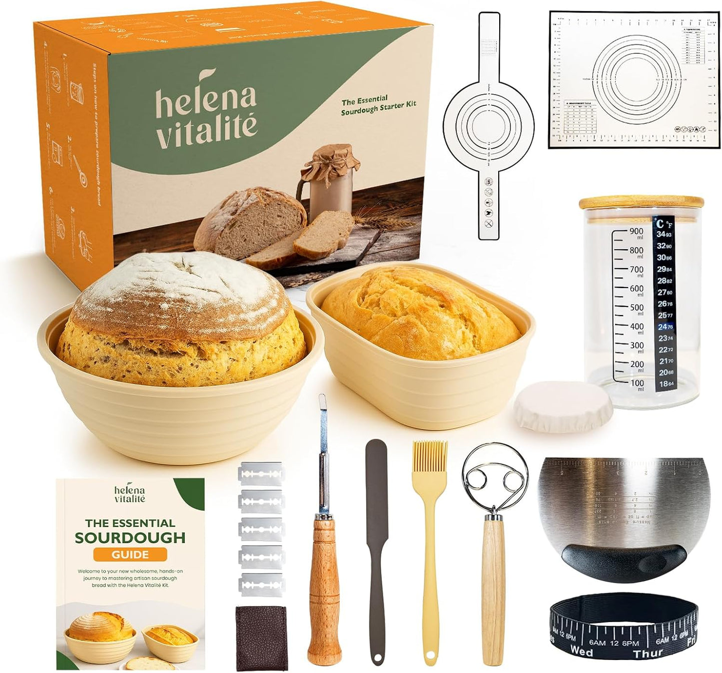Helena Vitalit Set 10" 9" Bannetons,1000ml Sourdough Starter Kit Bread Baking with Oval & Round Silicone Starter Jar
