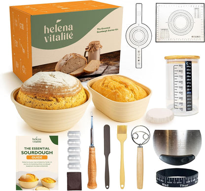 Helena Vitalit Set 10" 9" Bannetons,1000ml Sourdough Starter Kit Bread Baking with Oval & Round Silicone Starter Jar