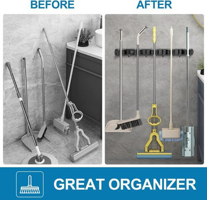IMILLET Wall-Mounted Broom and Mop Holder - Heavy-Duty Stainless Steel Organizer with 5 Racks & 4 Hooks