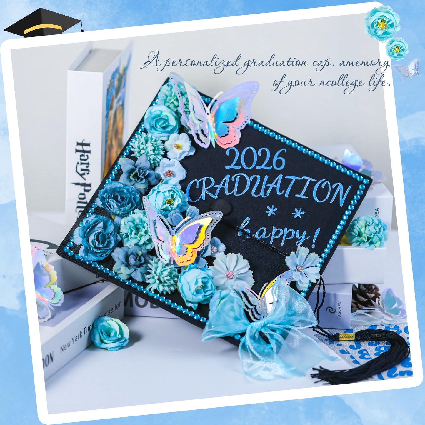 39Pcs Graduation Cap Decorations Kit Blue Artificial Flowers 3D Butterfly Stickers Blue Satin Bow Glitter Rhinestones Alphabet Letter Number Stickers for 2026 Graduation Party Supplies
