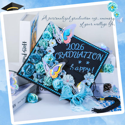 39Pcs Graduation Cap Decorations Kit Blue Artificial Flowers 3D Butterfly Stickers Blue Satin Bow Glitter Rhinestones Alphabet Letter Number Stickers for 2026 Graduation Party Supplies