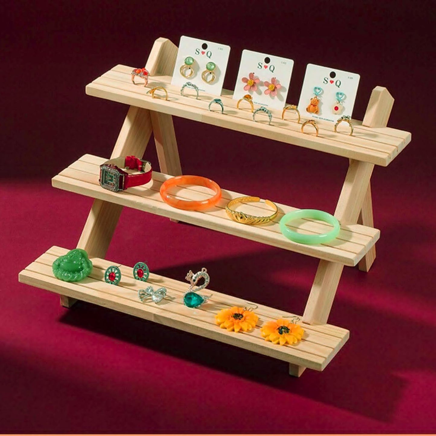 Acrux7 2 Pack 3 Tier Wooden Display Stand, Wooden Earring Display Wood Cupcake Stands, Detachable Wood Tiered Jewelry Card Display Stand with Groove for Jewelry Cupcake Vendors Retail Party Home
