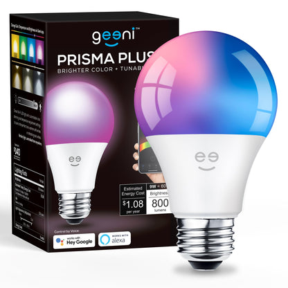 Geeni Prisma Plus 800 Dimmable Smart Light Bulbs with 2.4 GHz Wi-Fi Connectivity – Color-Changing & Tunable White, A19 LED Smart Bulb – Works with Alexa & Google, 4-Pack