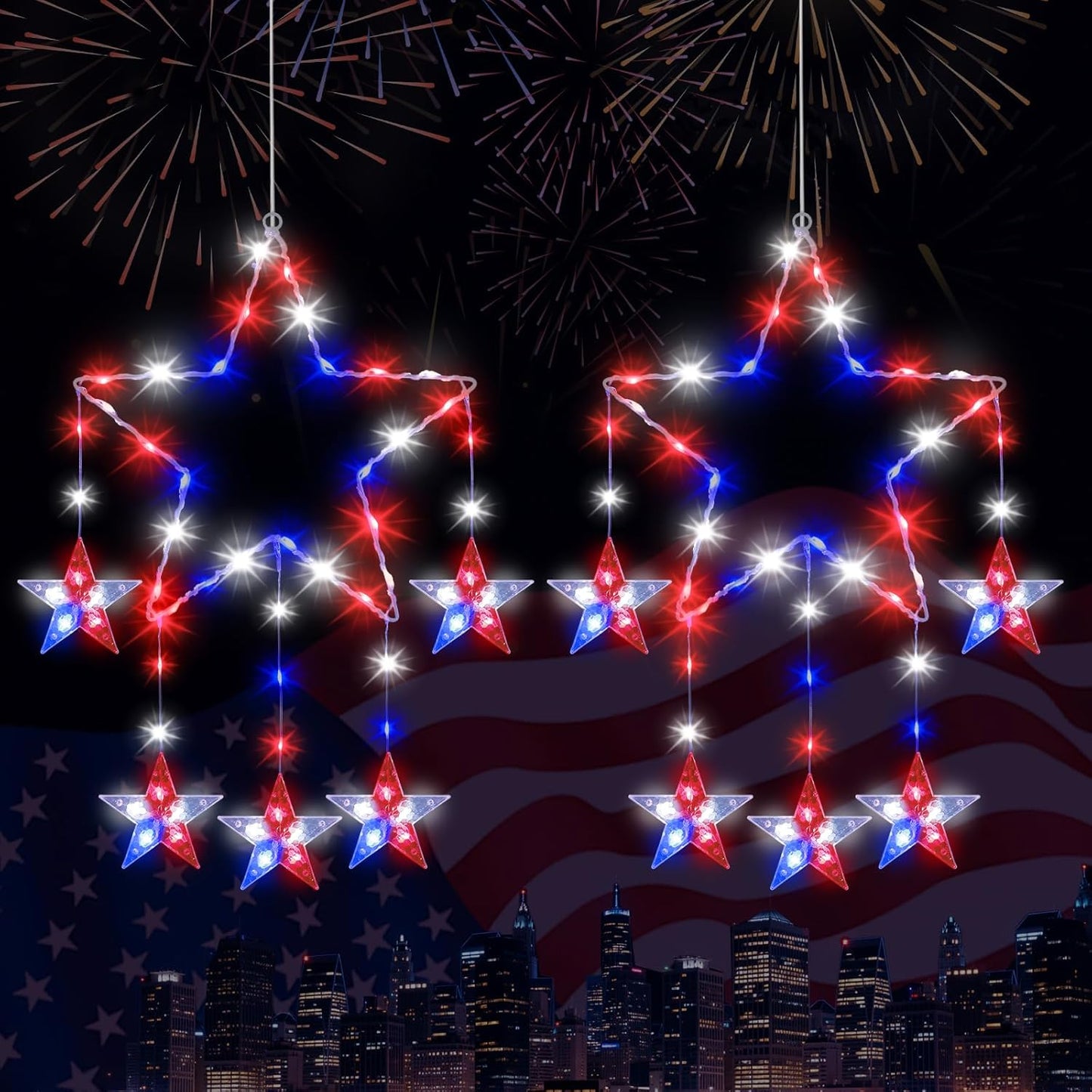 4th 2 Pack 62 8 Lewondr of July Decorations, Red White and Blue Window Star Lights with LEDs, Patriotic Star Lights