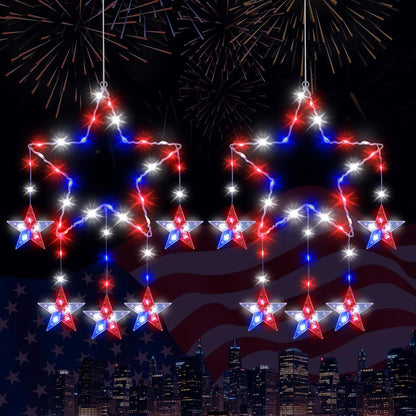 4th 2 Pack 62 8 Lewondr of July Decorations, Red White and Blue Window Star Lights with LEDs, Patriotic Star Lights