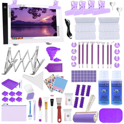 DNSGOOR 244Pcs All Inclusive Diamond Art Accessories Kit Diamond Painting A2 LED Light Pad Set with Diamond Art Sealer Glue Stand Storage Case Pens 5D Painting Tools for DIY Drill Craft