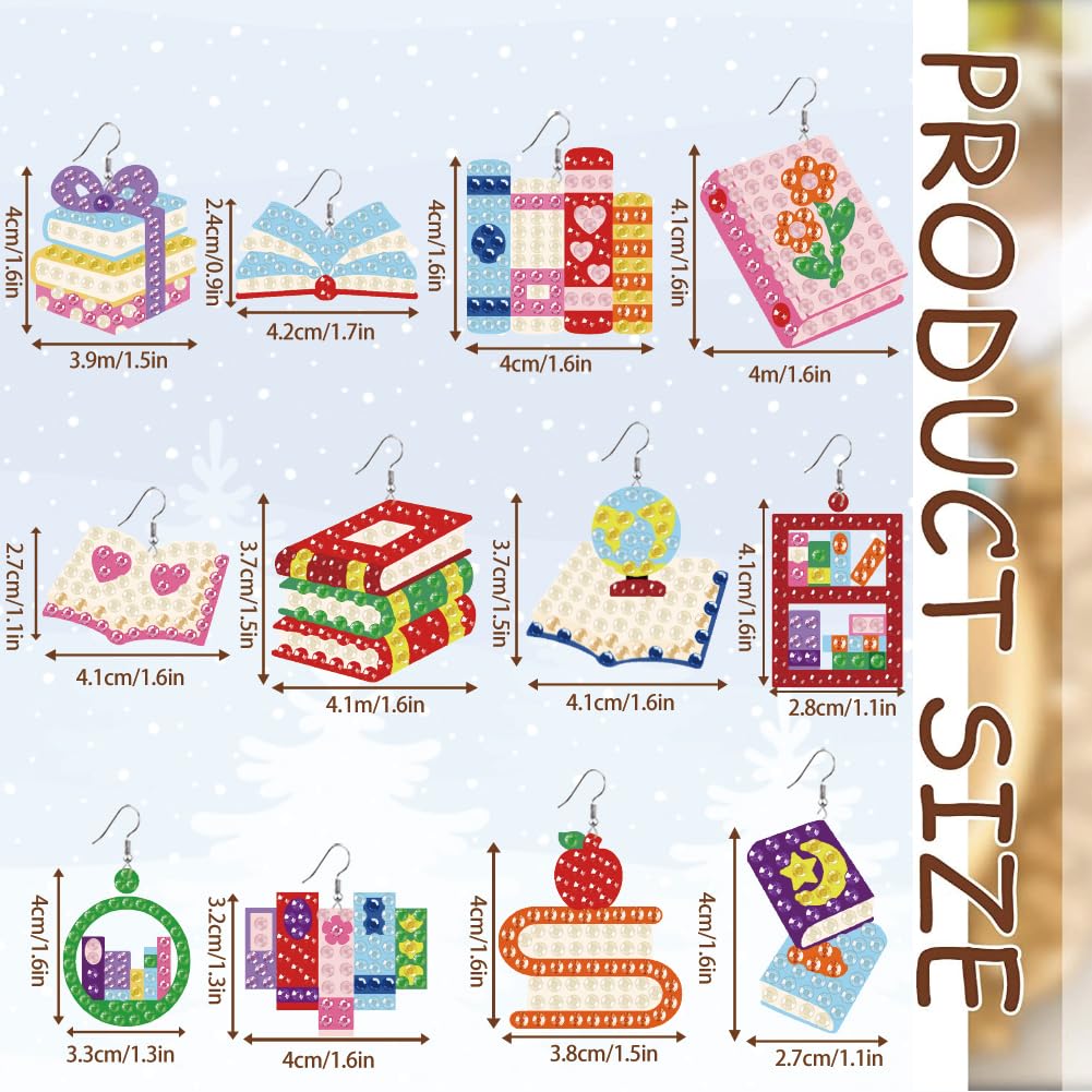 beinkmake 12Pairs Diamond Painted Earrings Making Kit Book Pattern Diamond Art Earring Set Reading 5D DIY Acrylic Diamond Earrings Gifts for Book Lovers Adults Craft Party Festival