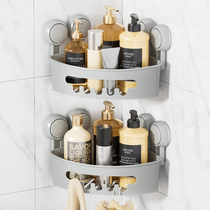 LEVERLOC Corner Shower Caddy Suction Cup, shower shelves suction cup, 2 Pack Basket Powerful Bathroom, Waterproof & Oil-proof Organizer for Kitchen, No-Drilling Removable (Grey)