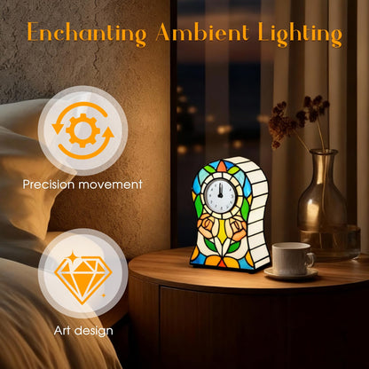 Yodimust Tiffany Style Rose Pattern Bell-Shaped Table Lamp with Clock, Stained Glass Lamp, Creative Clock Lamp, Decoration for Bedroom, Bedside Lamp, Office