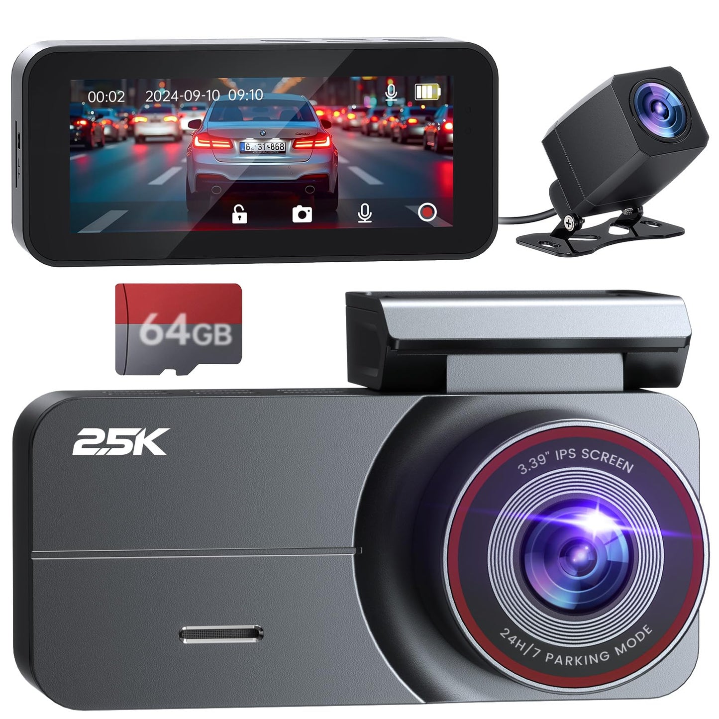 Yonvim Dash Cam Front and Rear 2.5K + 1080P QHD Dual Dash Camera for Cars 3.39” IPS Dashcam, Night Vision, G-Sensor Loop Recording, 64GB Card Included, 160° Wide Angle, 24H Parking Mode