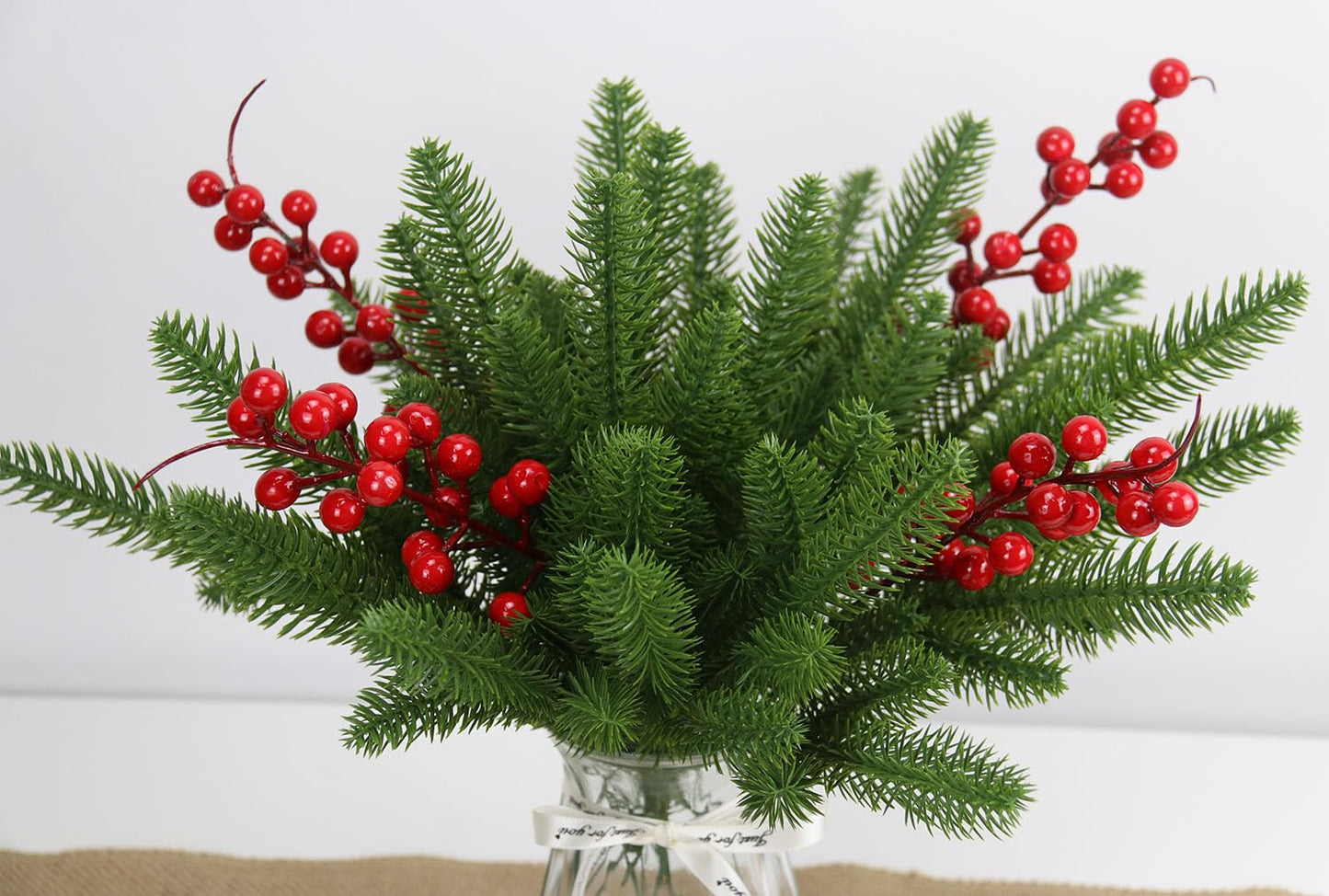 KLEWEE 60 Pcs Artificial Pine Branches, Christmas Tree Filler Branches, Realistic Faux Christmas Greenery Green Plants Pine Picks and Stems for Christmas Decorating Crafts Vase DIY Wreath Garland