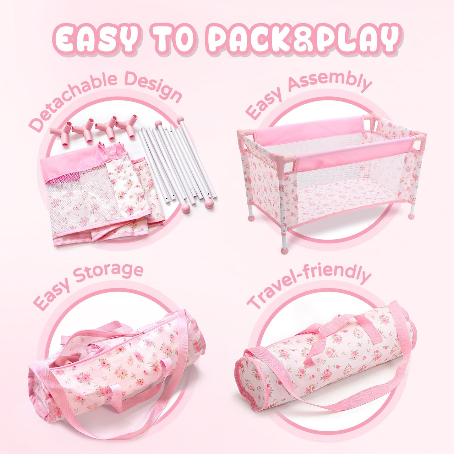 Baby Doll Crib for 12-18 Inch Dolls, Chyyeerkidd Pack and Play Pink Floral Baby Doll Bed with Carry Bag, Travel-Friendly Reborn Baby Doll Accessories for Girls Ages 3+, Easy Assembly (White)