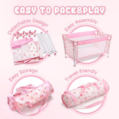 Baby Doll Crib for 12-18 Inch Dolls, Chyyeerkidd Pack and Play Pink Floral Baby Doll Bed with Carry Bag, Travel-Friendly Reborn Baby Doll Accessories for Girls Ages 3+, Easy Assembly (White)
