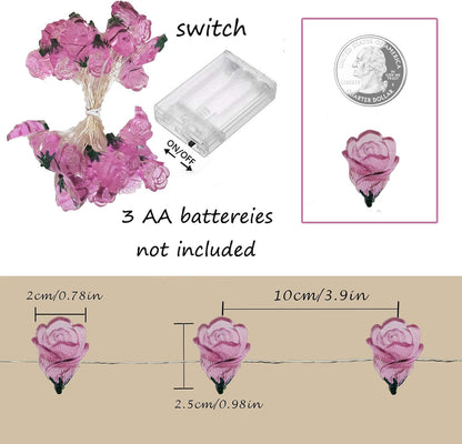 13FT 40LED Pink Rose Flower String Lights, Battery Operated Fairy Light Romantic Valentine's Day Decor, Decorative