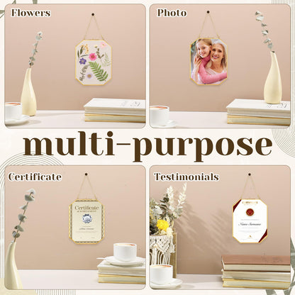 Vicenpal 5 Pcs 8 x 10 Inches Glass Pressed Flower Frame, Hanging Floating Picture Frame for Tabletop Artwork Dried Flower Display with Metal Chain for Mom Friends Wedding Gift DIY Craft(Coppery)