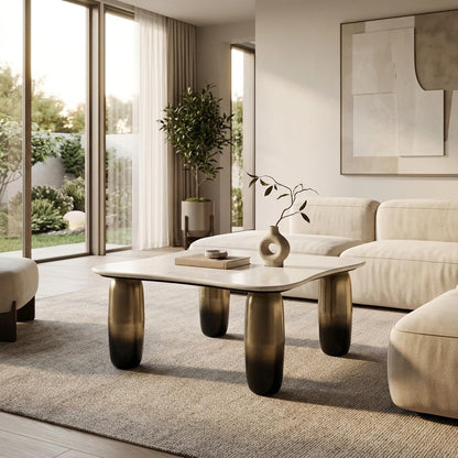 Sagebrook Home Modern Coffee Table with Square Marble Top & Sturdy Iron Legs - Accent Table for Living Room, Bedroom, Office - Elegant Contemporary Design - 16" Gold