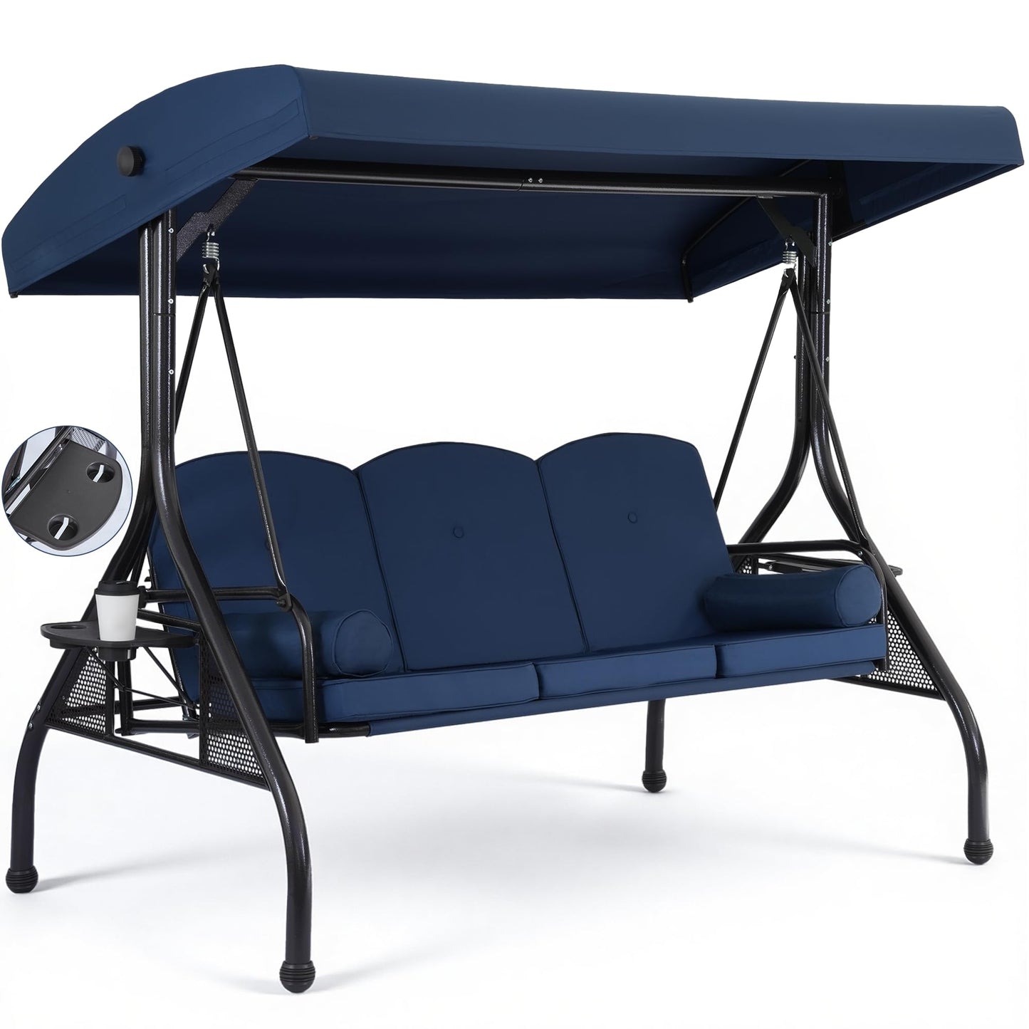 WINVO 3-Seat Outdoor Porch Swing with Adjustable Canopy, 2 in 1 Convertible Patio Swing Bed, Patio Glider Swing for Adult, with Cup Holder and Pillow for Backyard, Blue