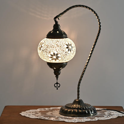 GOGERS Swan Neck Turkish Moroccan Lamp Handmade Stained Mosaic Glass Vintage Lamp Shade Bohemian Tiffany Style Bedside Night Lamp Lighting for Bedroom Living Room (White2)