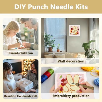 DOODLREAM Victory Gesture Needle Kit for Beginner, 9.4"x 9.4" Peace Hand Gesture Punch Stitching Craft Set, DIY Embroidery Starter with Printed Frame, Instruction, Threader, Yarn, Pinch Needle