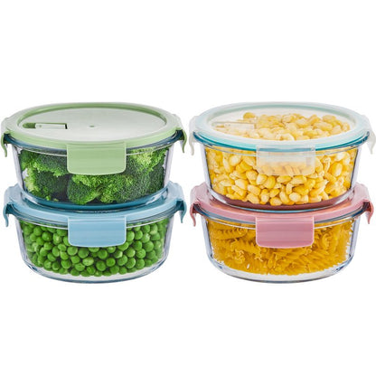 Wancilock 8 Pcs Round Glass Containers with Lids Airtight 4 Cup Glass Storage Containers Set Meal Prep Containers for Soup Leftover Microwave, Dishwasher, and Freezer Safe(4 Sets
