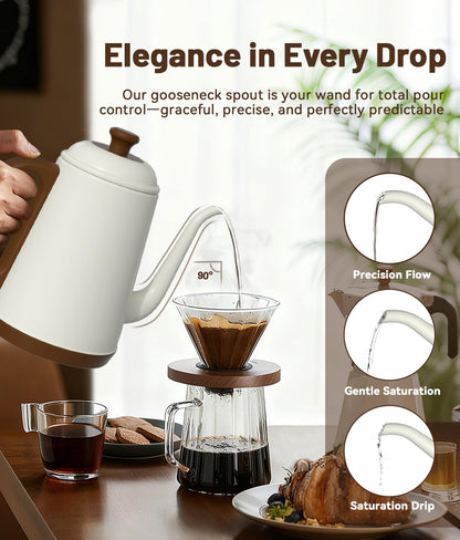 ELTRIKO Gooseneck Electric Kettle, 1L Water Boiler, Pour Over Coffee & Tea, 1000W Fast Heating, Stainless Steel, Auto Shut-Off & Boil-Dry Protection, BPA-Free (White)