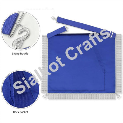 Masonic Master Mason Lambskin Apron - Navy Blue Velvet Borders with Gold Bullion Thread Fringe - Embroidered J & B Pillars and Square & Compass Logo