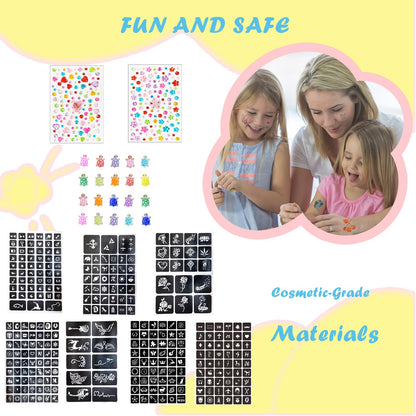 Glitter Tattoo Kit, All-in-One Glitter Tattoos for Kids & Adults with 295 Stencils, 42 Color Powders, 2 Gem Stickers & 20 Turtle Rhinestones, Face & Body Art, Ideal for Carnival, Birthday Party Gift
