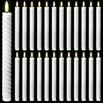 Tuanse 24 Pcs 10 Inch Flameless Twisted Taper Candles LED Flickering Battery Operated Candles Electric Warm Light Candlesticks for Wedding Birthday Party Home Dinner Decor(White)