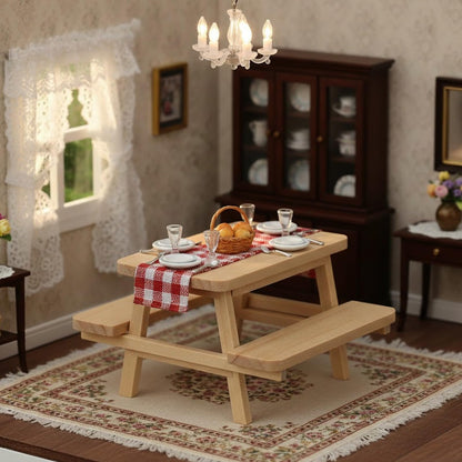 Garneck 1/12 Scale Miniature Dollhouse Picnic Table and Chairs Set: Wooden Tiny Dollhouse Furniture for DIY Micro Scenes Fairy Garden Decoration & Photography Prop