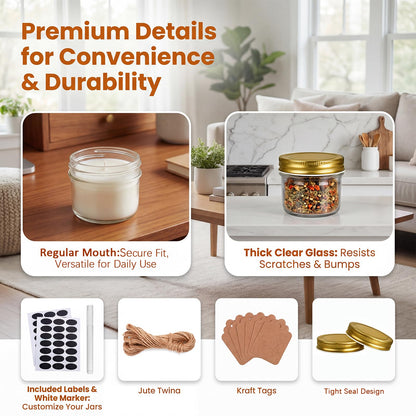 QAPPDA 4oz Glass Jars With Lids,Small Mason Jars Wide Mouth,Mini Canning Jars With Gold Lids For Honey,Jam,Jelly,Wedding Favor,Shower Favors,Spice Jars For Kitchen Storage & Home,Set of 40