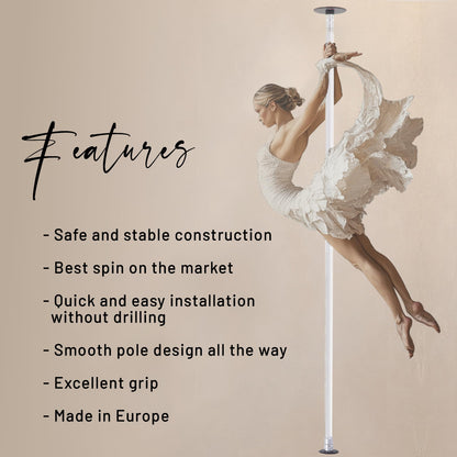 LUPIT POLE Classic G2 Quick Lock - Portable Dance Pole for Home - Spinning & Static Mode - Professional Pole Dancing Pole for Apartment, Club & More - Easy Installation - No Drilling (White, 45 mm)
