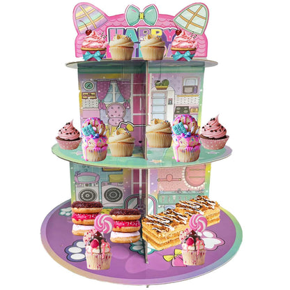 Cartoon Cat Dollhouse Cupcake Stand 3-Tier Pink Cake Stand for 24 Cupcakes Dollhouse Theme Birthday Supplies Pink Cute Cat Birthday Decorations for Girls