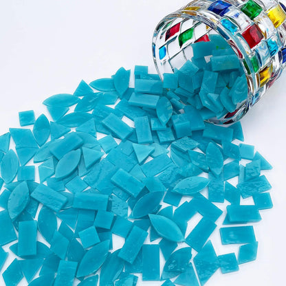 LITMIND Teal Blue Stained Glass Mosaic Tiles - 240 Pieces in 5 Shapes (Rectangle, Triangle, Rhombus, Square, Leaf) Mixed Sizes for Crafts, Mosaic Projects & Home Décor