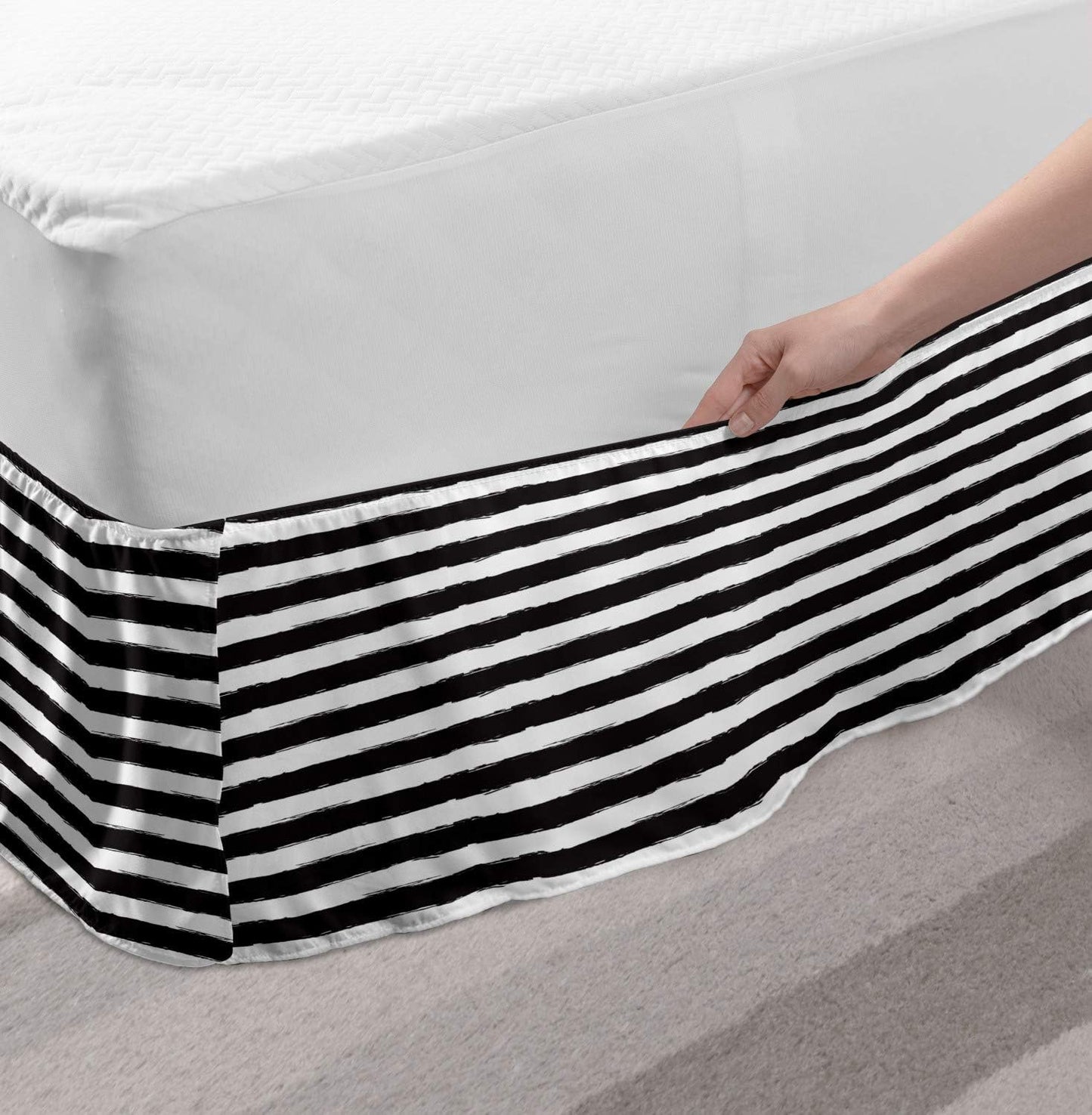 Lunarable Striped Bedskirt, Monochrome Watercolor Style Horizontal Stripes, King Size, Black White