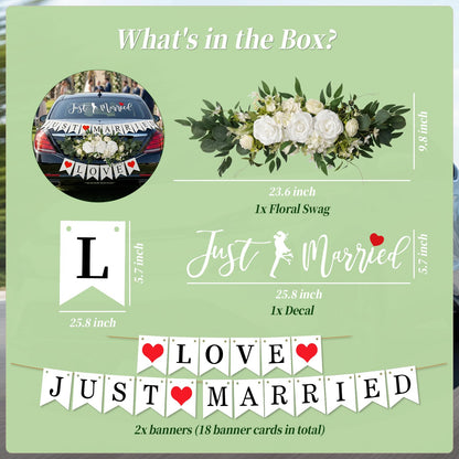 Just Married Car Wedding Decorations Kit with Artificial Flower Floral Swag / Just Married Love Sign Banner and Car Bouquet & Window Decals, Wedding Car Accessories for Bridal Shower Honeymoon Decor