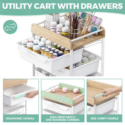 SYKIARIOL Rolling Storage Utility Cart with 4 Drawers,Kids Craft Art Cart,Makeup Organizer and Storage with Wooden Tabletop,White