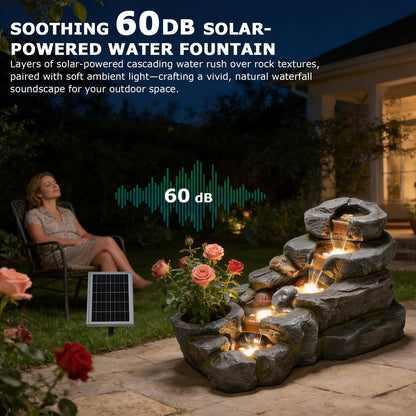 Pivotify 5-Tier Solar Water Fountain Outdoor, 38.2" L Rock Waterfall Fountains Solar Powered Floor Standing Outdoor Water Feature with LED Lights for Patio, Garden,Porch, Yard, Home Art Decor（Grey）