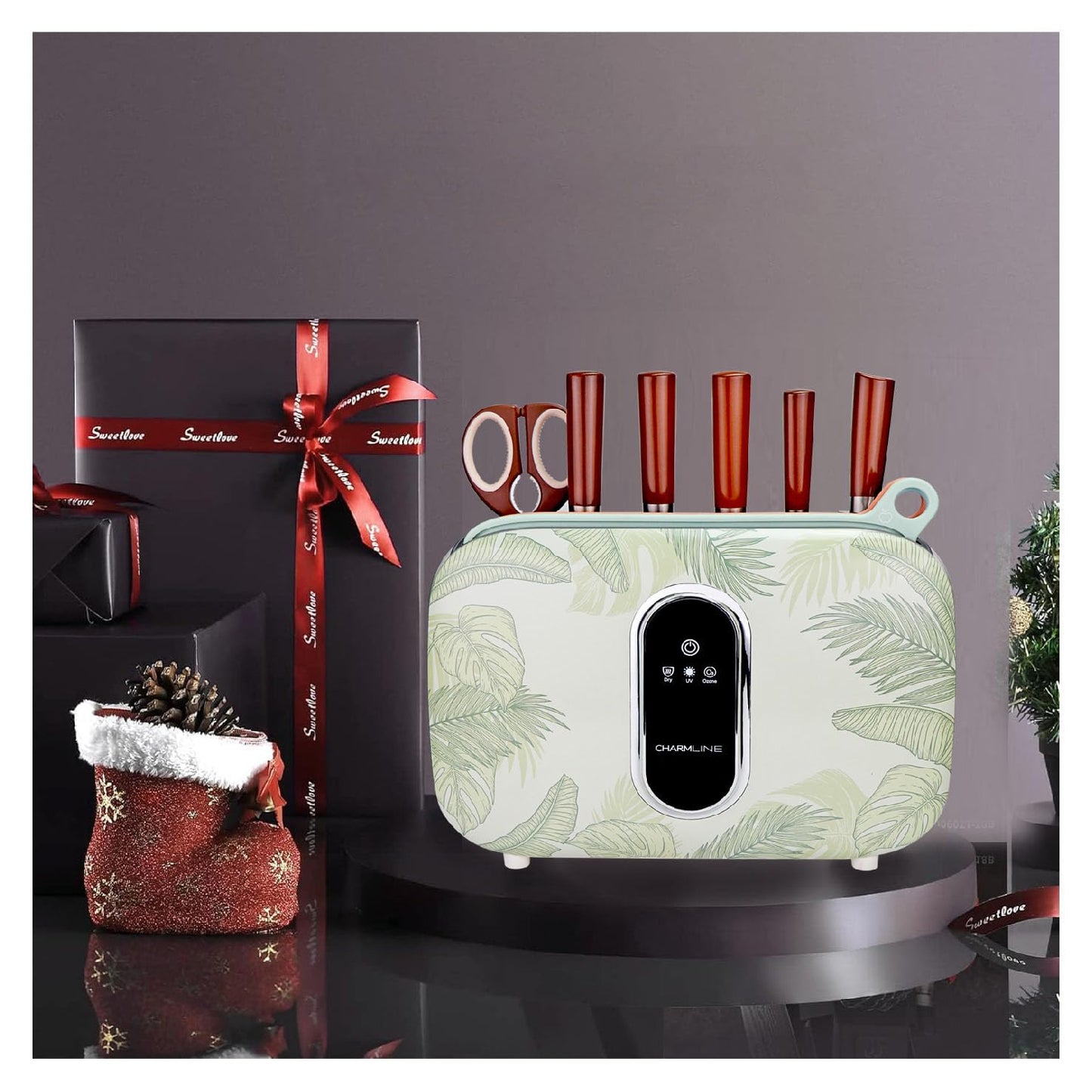 Charmline Smart Cutting Board and Knife Set with Holder, Double Cleaning and Drying Function, Space Saving Smart Home Gadgets, Keeping Kitchen Clean and Tidy, Brown