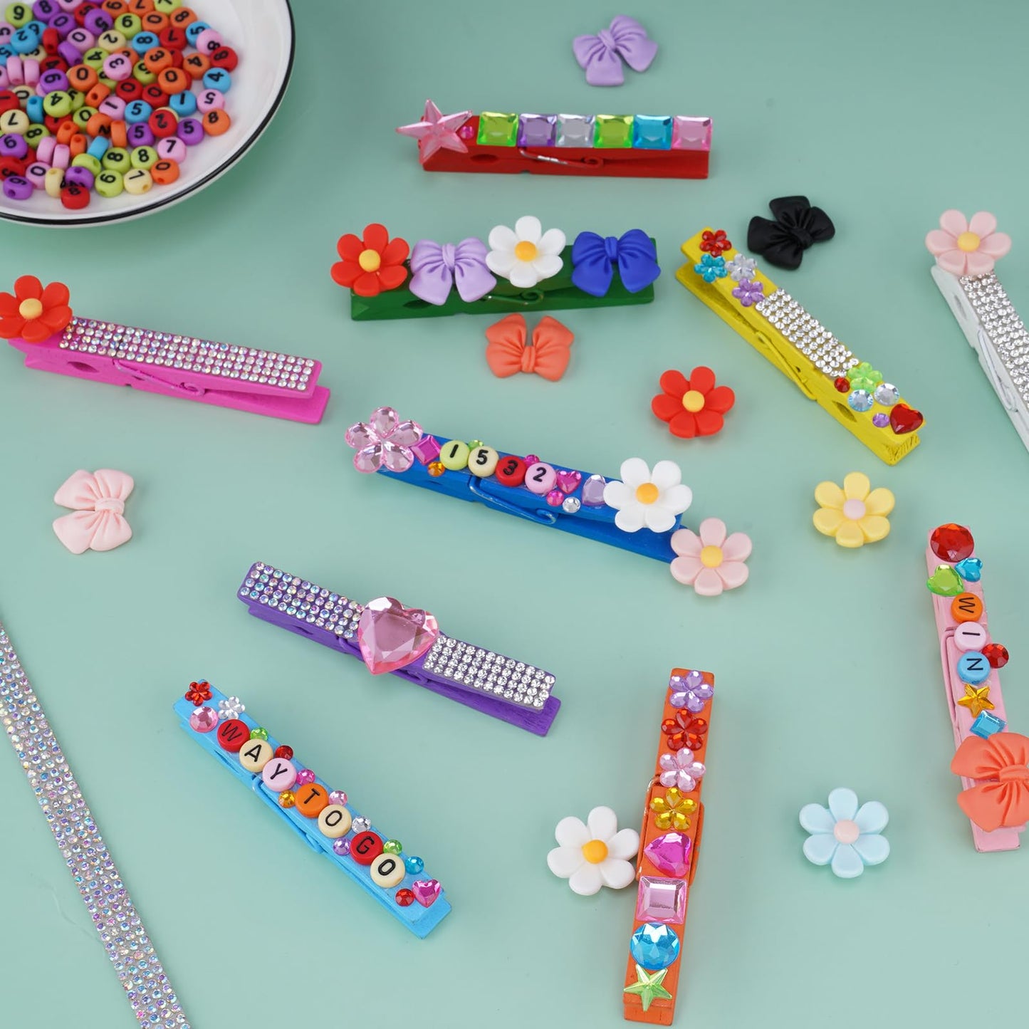 Aphlos 100PCS DIY Cheer Pin Decoration Kit with Wooden Clips, Mini Bows, Flowers, Glitter Ribbons, Rhinestone Stickers, Alphabet & Number Buttons, Cheerleading Craft Supplies for School Projects